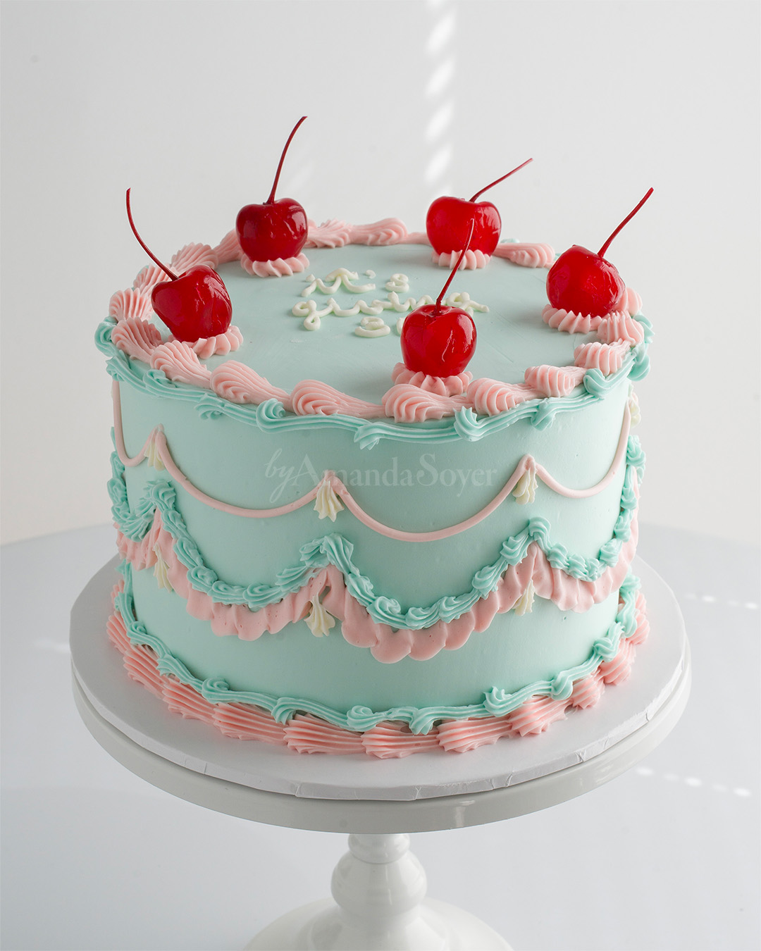 Mint vintage cake with cherries